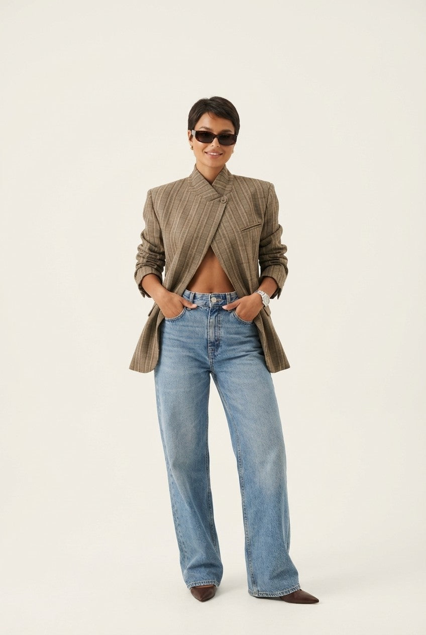 Textured Plaid Asymmetrical Blazer Stand Collar Tailored Jacket