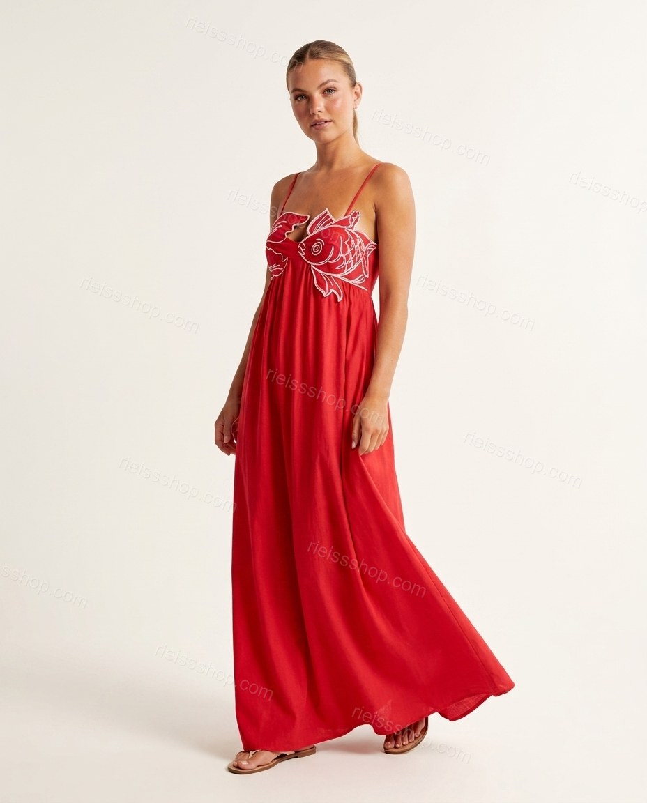 Red Grace Vacation Edit Embroidered Maxi Dress Red Maxi Dress with Relaxed Fit silhouette and Linen Blend texture, side or back garment view for Pre-Fall, a fall city dinner, Fall current summer selling first with a light late-summer/pre-fall accent: make by rieissshop