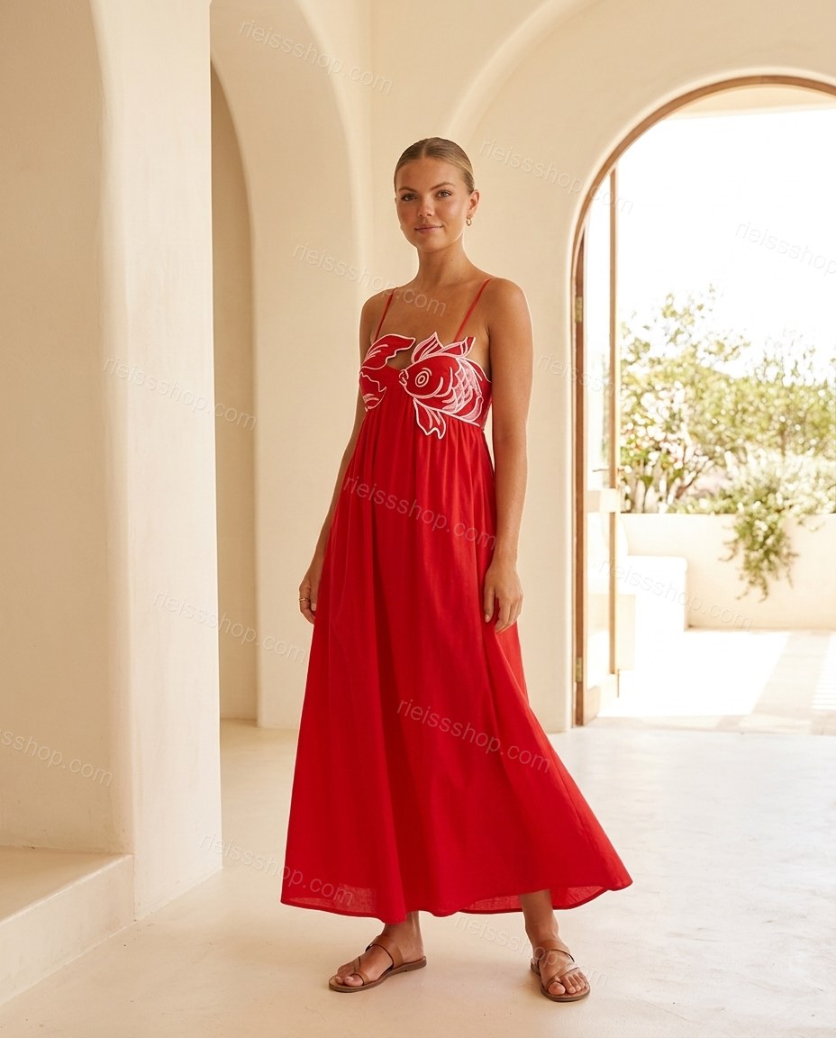 Red Grace Vacation Edit Embroidered Maxi Dress Red Maxi Dress with Relaxed Fit silhouette and Linen Blend texture, front view product image for Pre-Fall, a fall city dinner, Fall current summer selling first with a light late-summer/pre-fall accent: make by rieissshop