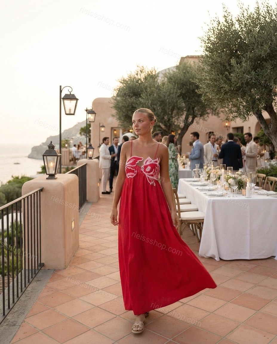 Red Grace Vacation Edit Embroidered Maxi Dress Red Maxi Dress with Relaxed Fit silhouette and Linen Blend texture, lifestyle scene image for Pre-Fall, a fall city dinner, Fall current summer selling first with a light late-summer/pre-fall accent: make it by rieissshop