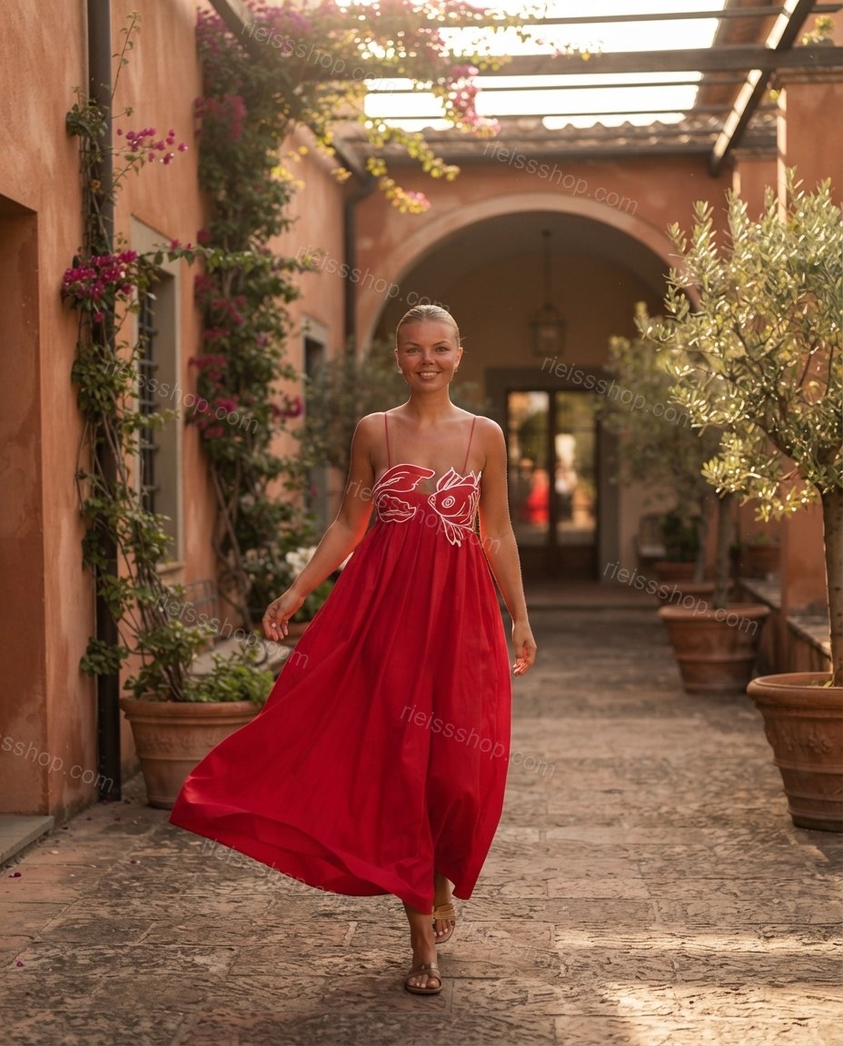 Red Grace Vacation Edit Embroidered Maxi Dress Red Maxi Dress with Relaxed Fit silhouette and Linen Blend texture, outdoor styling image for Pre-Fall, a fall city dinner, Fall current summer selling first with a light late-summer/pre-fall accent: make it by rieissshop