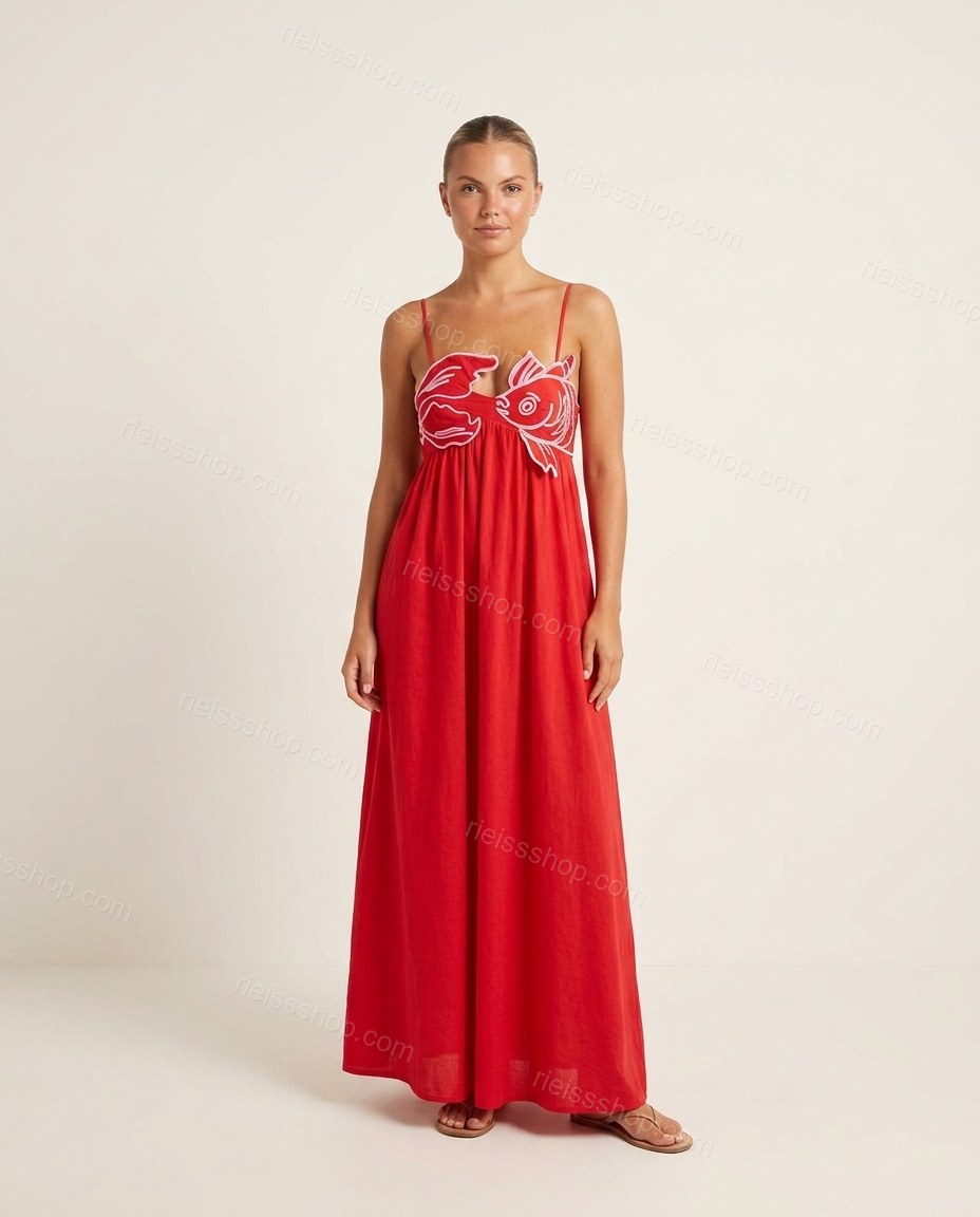 Red Grace Vacation Edit Embroidered Maxi Dress Red Maxi Dress with Relaxed Fit silhouette and Linen Blend texture, clean studio product view for Pre-Fall, a fall city dinner, Fall current summer selling first with a light late-summer/pre-fall accent: make by rieissshop