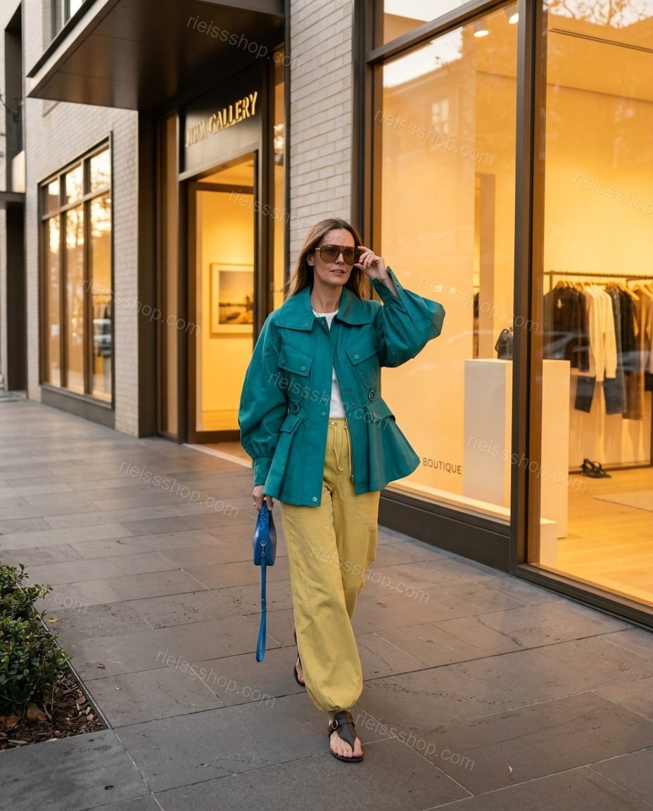 Teal Elevated Wide-Leg Long-Sleeve Jacket by rieissshop