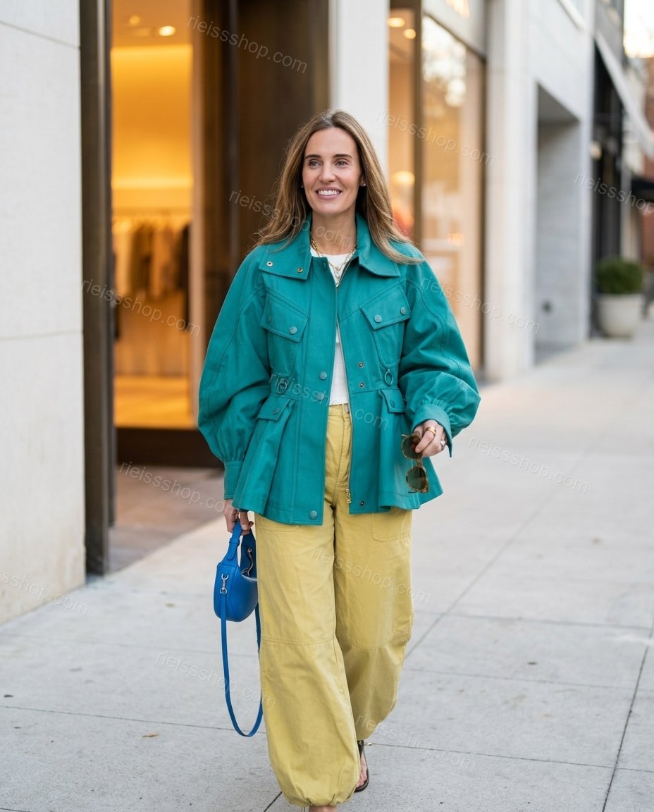 Teal Elevated Wide-Leg Long-Sleeve Jacket by rieissshop