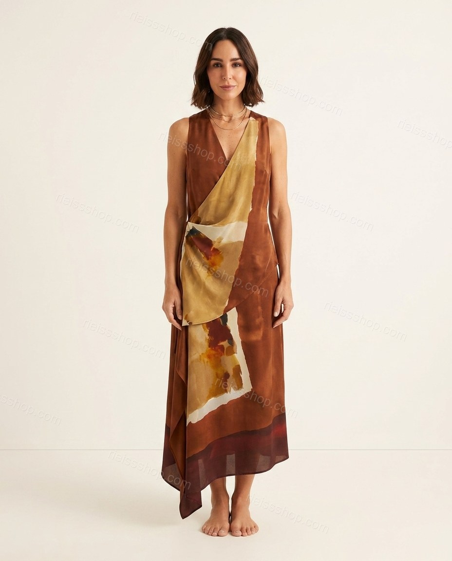 Brown Sleek Abstract Print Maxi Dress by rieissshop