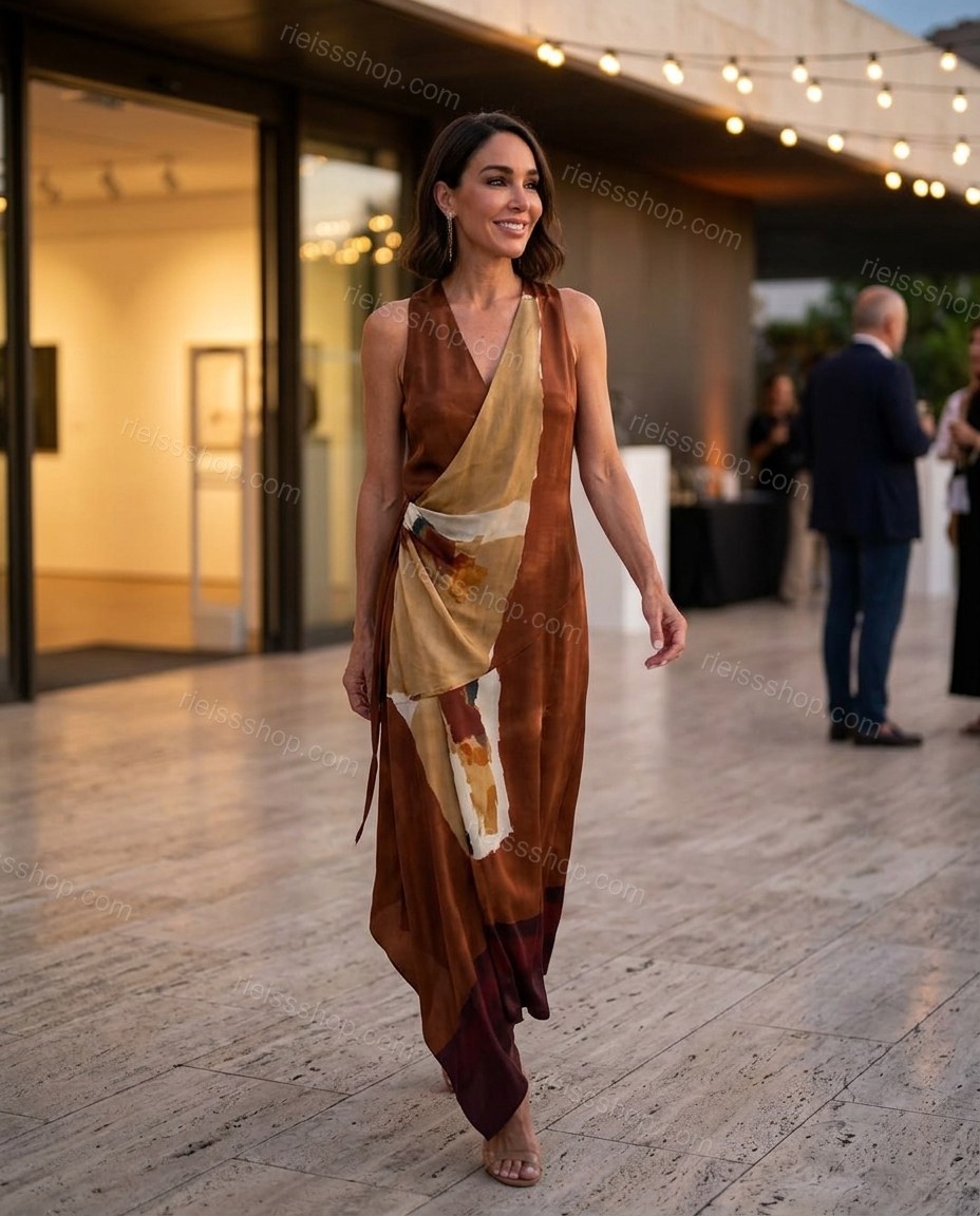 Brown Sleek Abstract Print Maxi Dress by rieissshop
