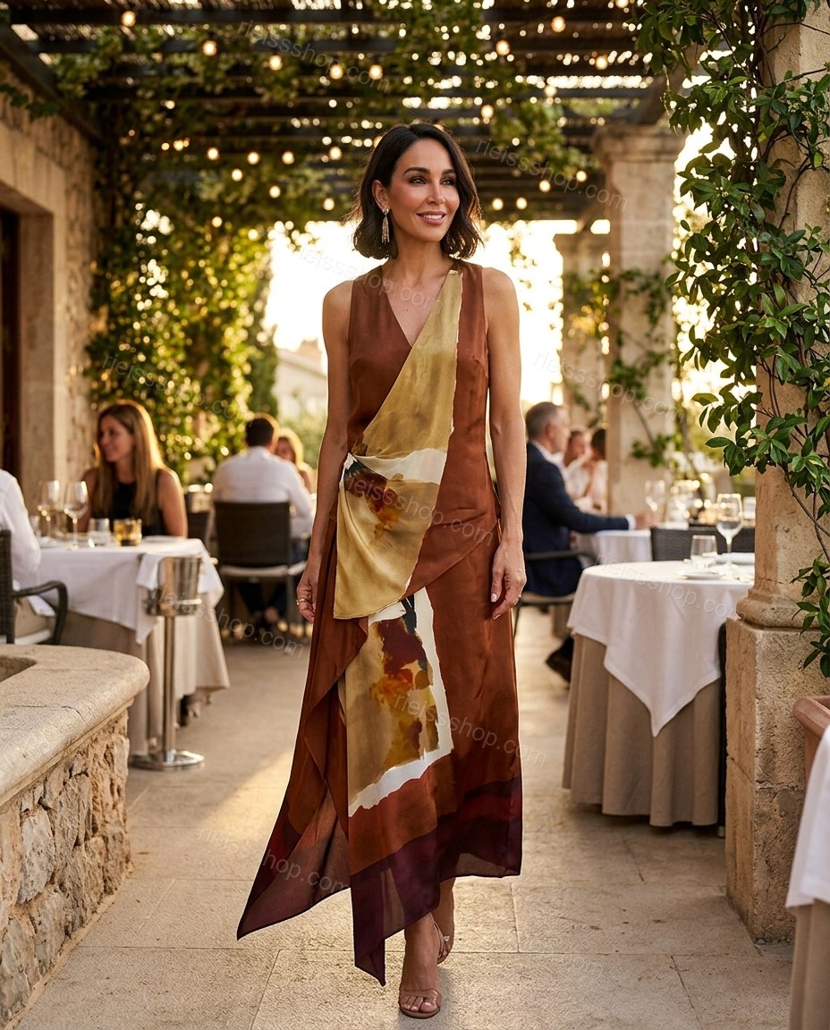 Brown Sleek Abstract Print Maxi Dress by rieissshop