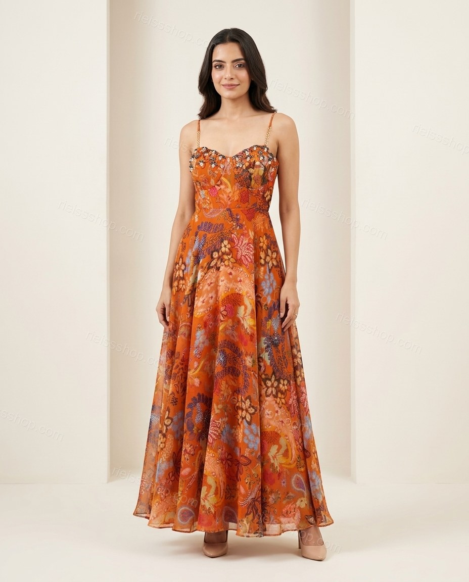 Orange Sunlit Floral Maxi Dress by rieissshop