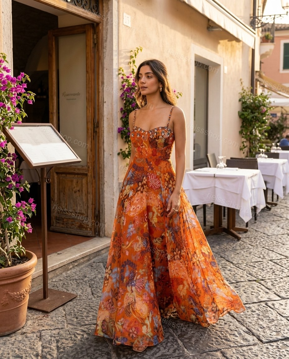 Orange Sunlit Floral Maxi Dress by rieissshop
