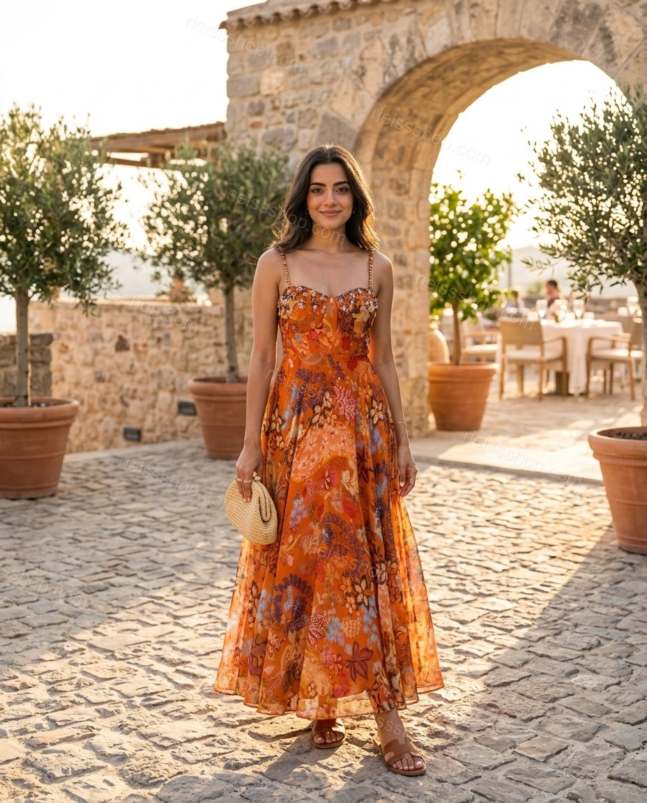 Orange Sunlit Floral Maxi Dress by rieissshop