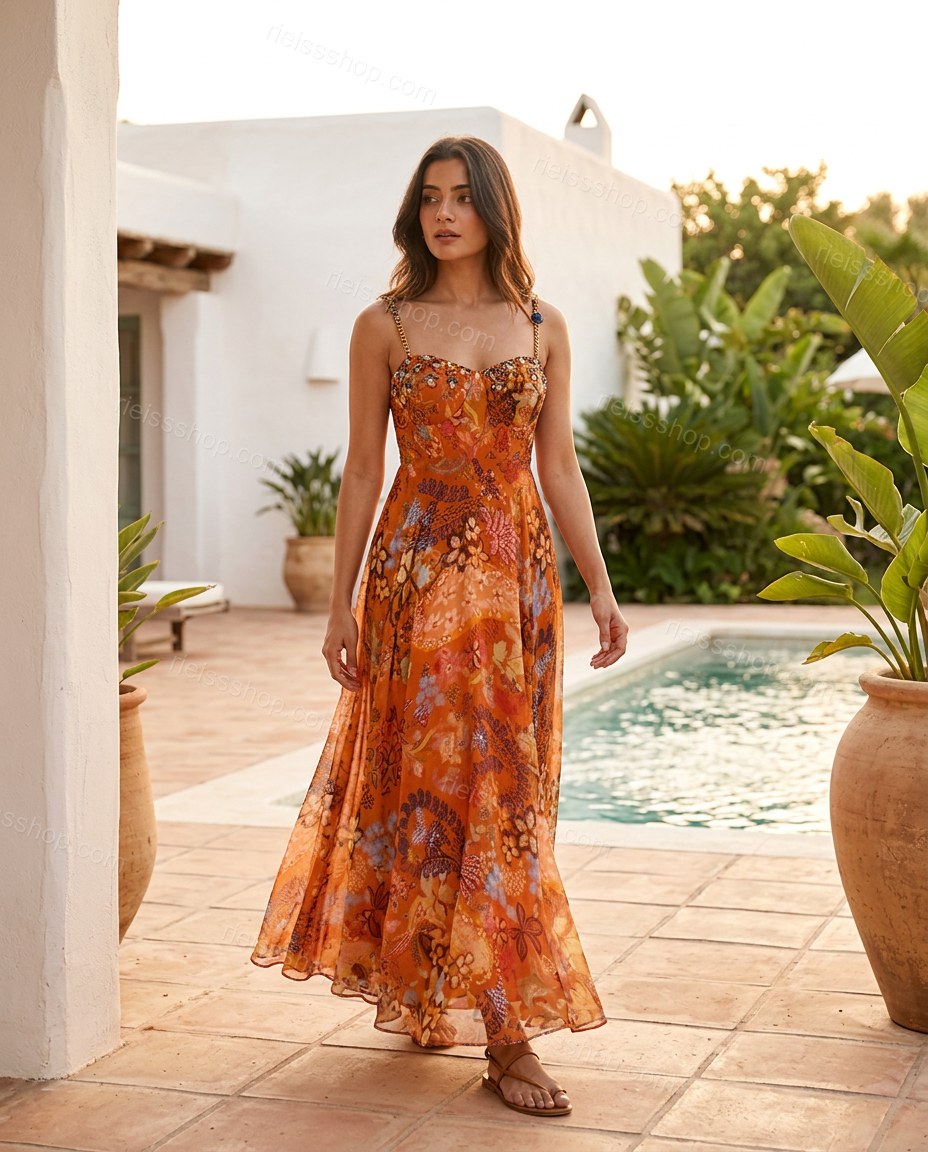 Orange Sunlit Floral Maxi Dress by rieissshop