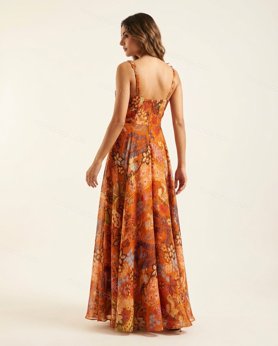 Orange Sunlit Floral Maxi Dress by rieissshop