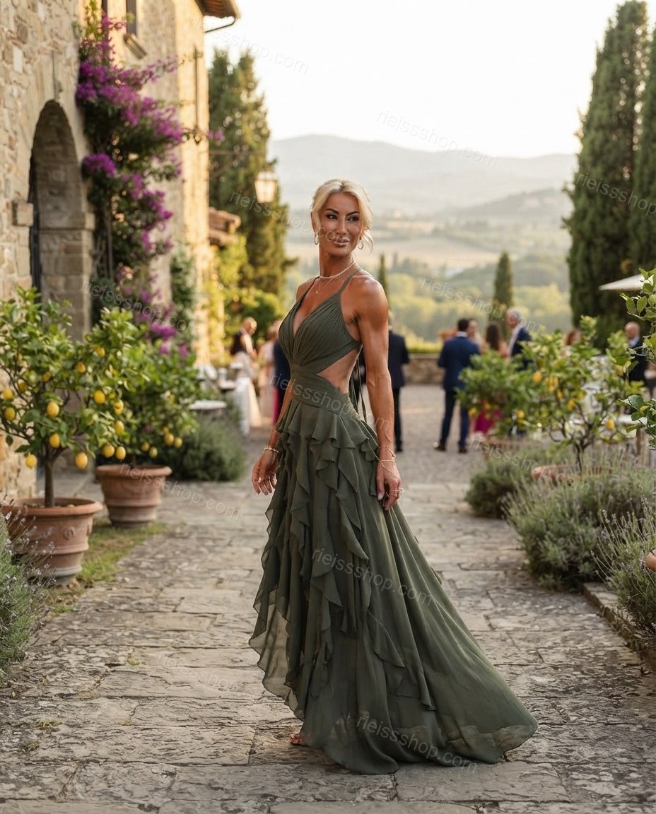 Olive Green Bloom Evening Tiered Maxi Dress by rieissshop