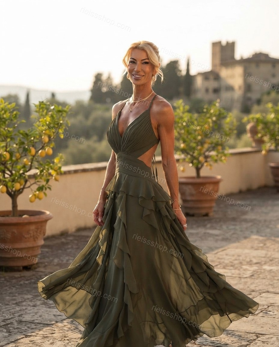Olive Green Bloom Evening Tiered Maxi Dress by rieissshop