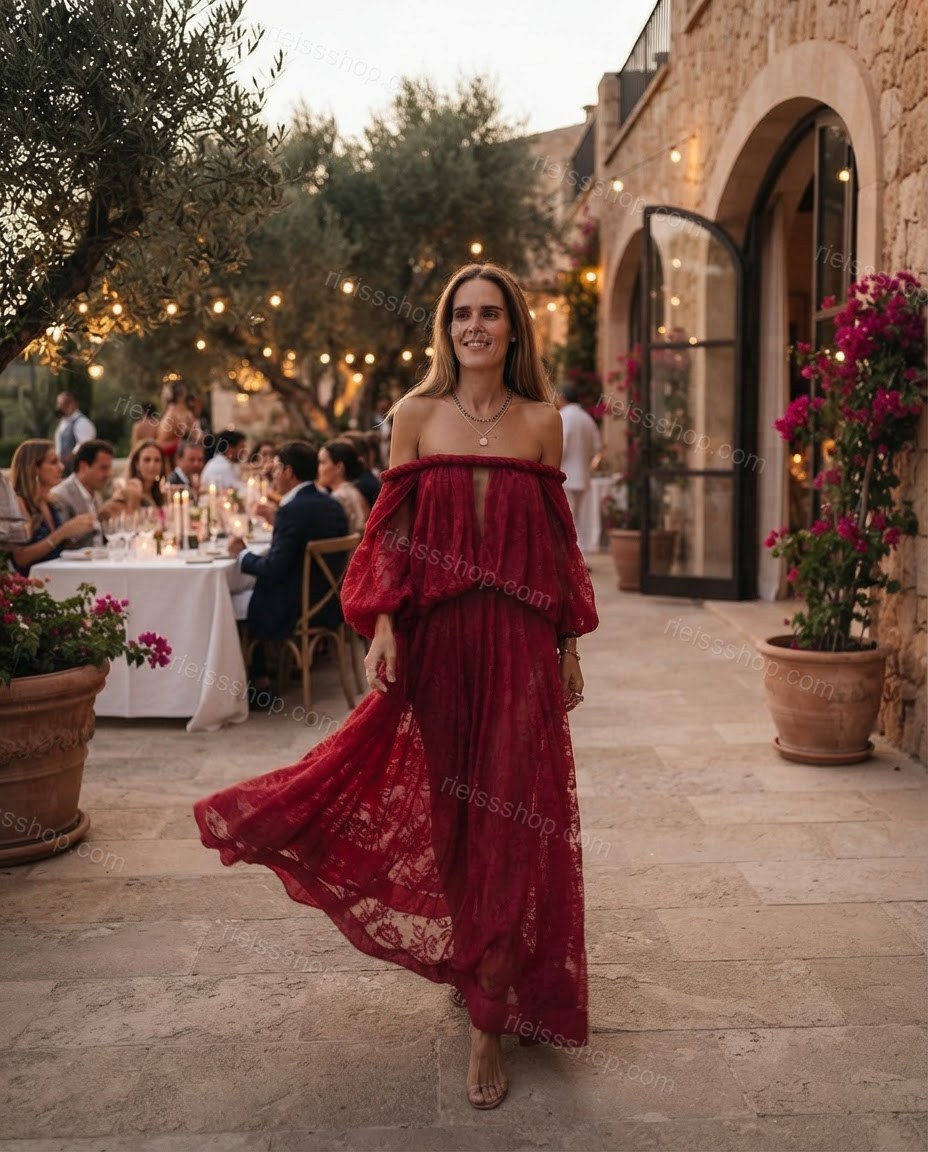 Red Poise Cocktail Hour Lace Maxi Dress by rieissshop