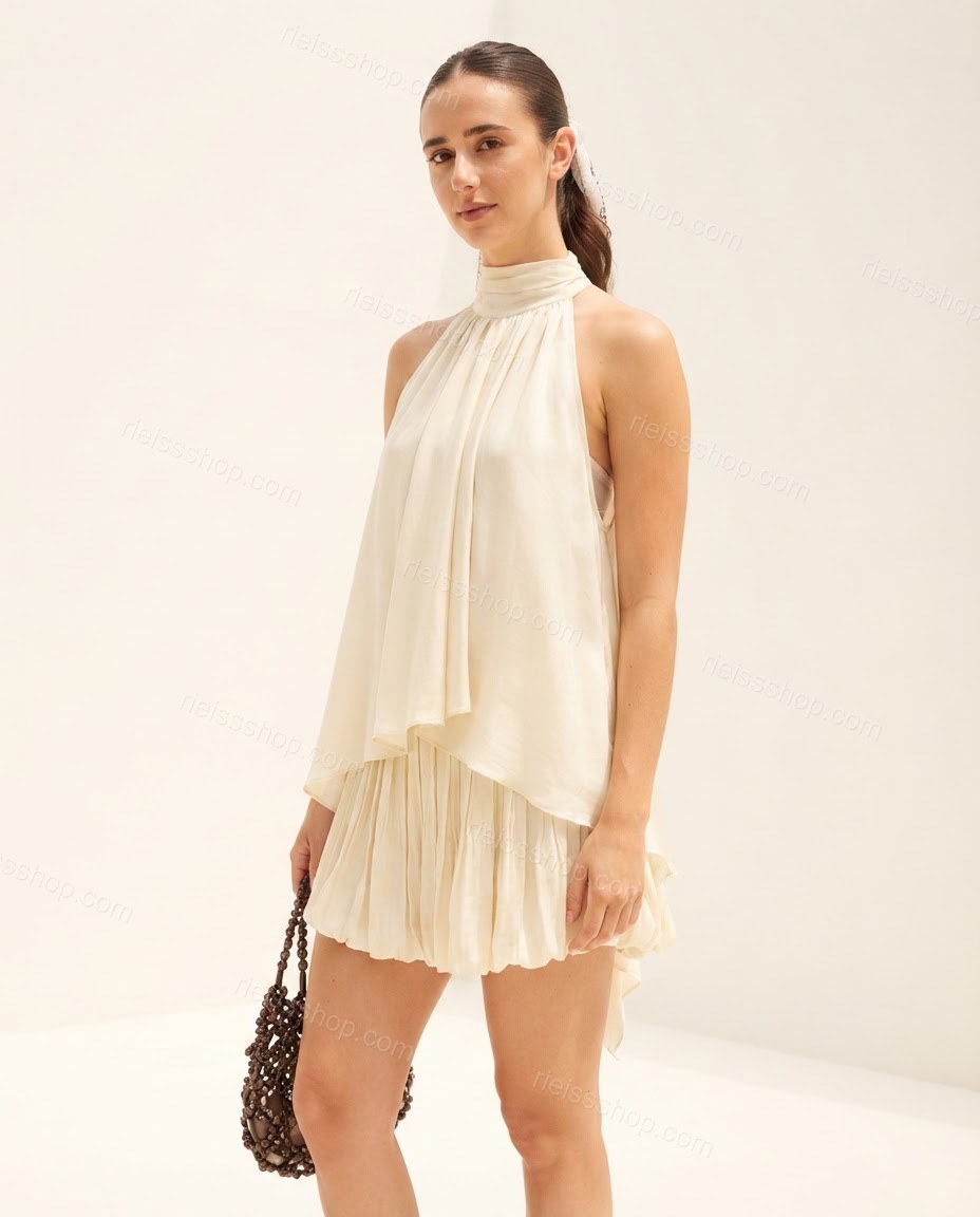 Ivory Grace Resort Dinner Pleated Mini Dress Ivory Mini Dress with Asymmetric silhouette and Textured texture, side or back garment view for Pre-Fall, a fall city dinner, Fall current summer selling first with a light late-summer/pre-fall accent: make it by rieissshop