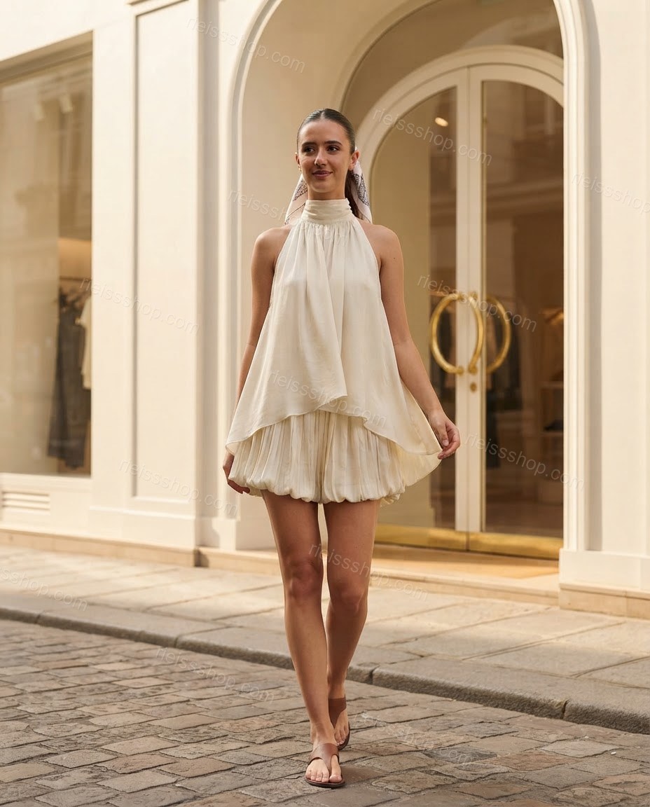 Ivory Grace Resort Dinner Pleated Mini Dress Ivory Mini Dress with Asymmetric silhouette and Textured texture, front view product image for Pre-Fall, a fall city dinner, Fall current summer selling first with a light late-summer/pre-fall accent: make it w by rieissshop