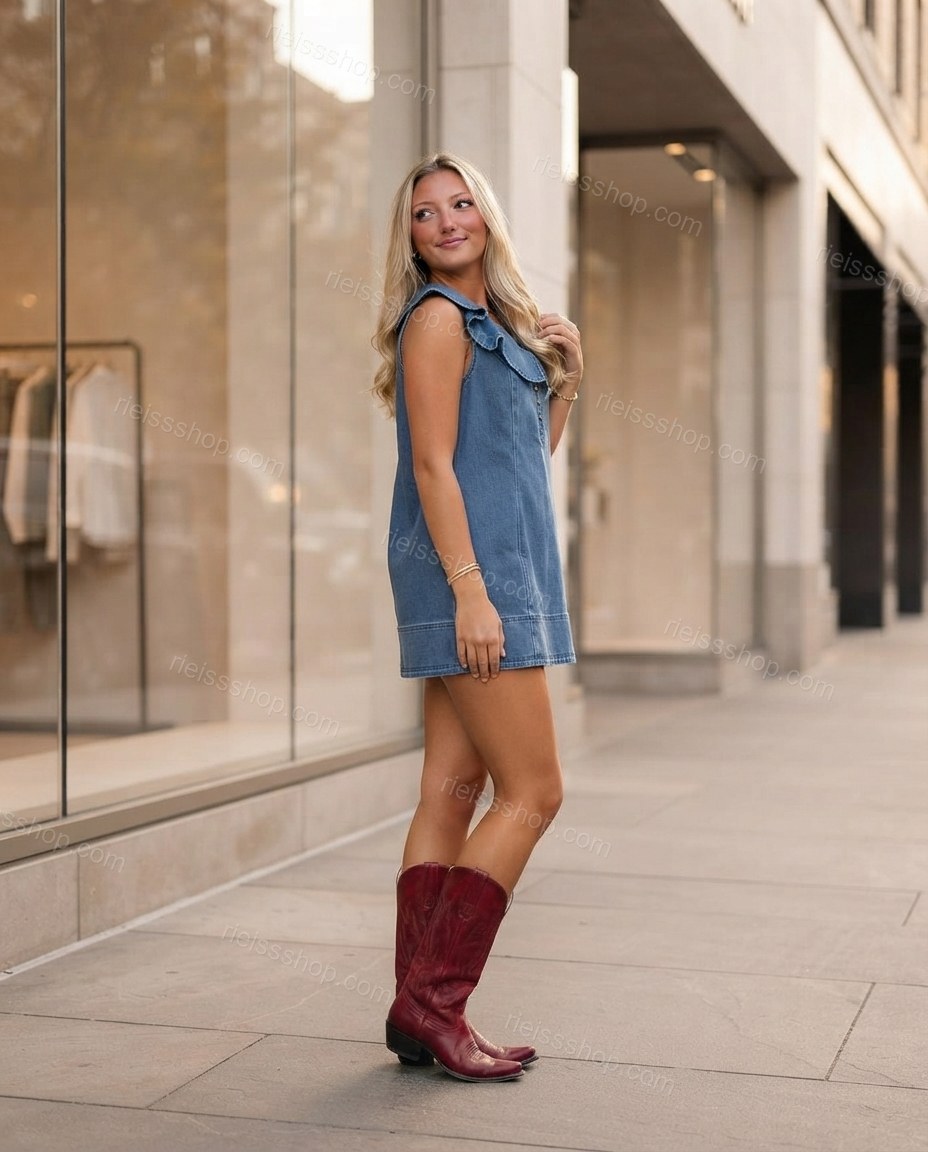 Denim Blue Grace City Layer Ruffled Mini Dress Denim Blue Mini Dress with Relaxed Fit silhouette and Textured texture, fabric and construction detail for Pre-Fall, a cafe plan, Fall current summer selling first with a light late-summer/pre-fall accent: ma by rieissshop
