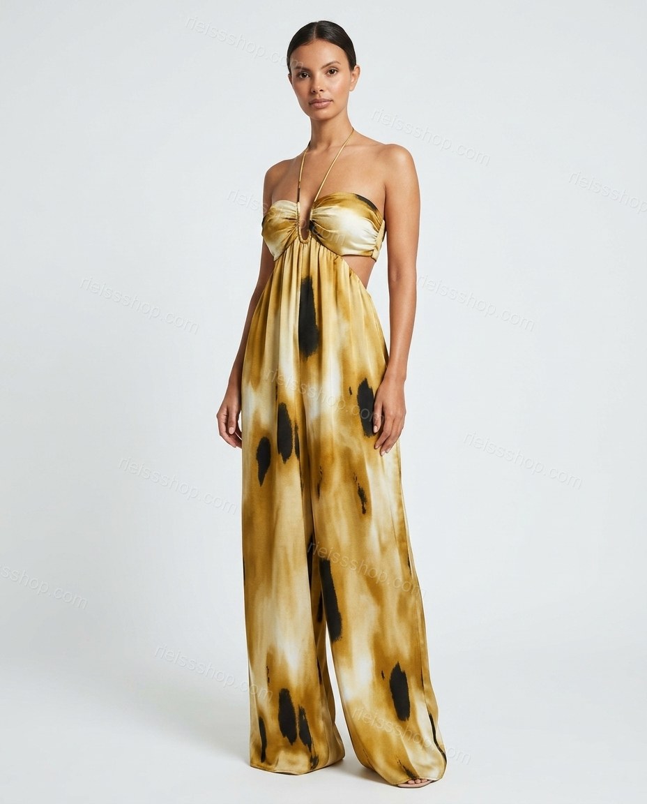 Mustard Muse City Layer Abstract Print Jumpsuit Mustard Jumpsuit with Wide-Leg silhouette and Satin texture, clean studio product view for Pre-Fall, an office-to-dinner transition, Fall current summer selling first with a light late-summer/pre-fall accent by rieissshop