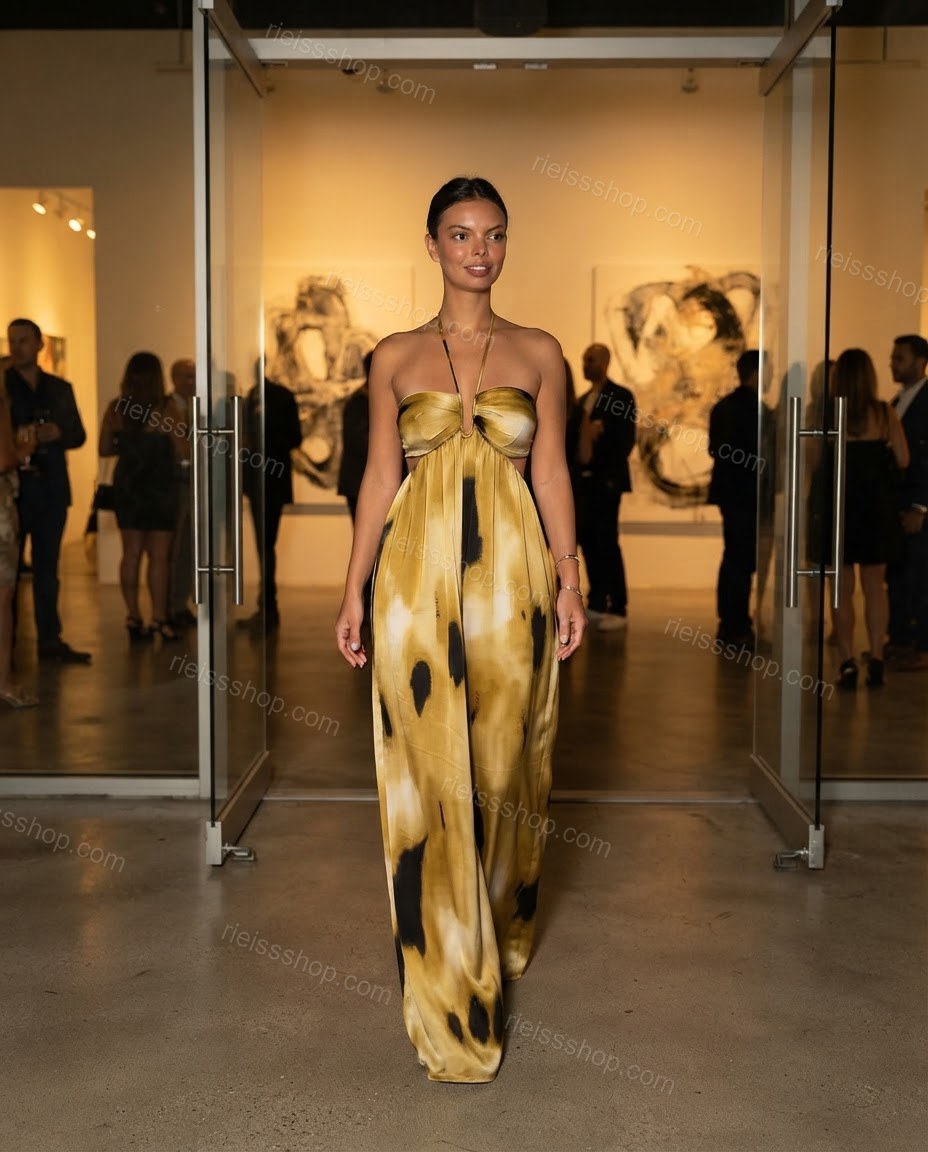 Mustard Muse City Layer Abstract Print Jumpsuit Mustard Jumpsuit with Wide-Leg silhouette and Satin texture, lifestyle scene image for Pre-Fall, an office-to-dinner transition, Fall current summer selling first with a light late-summer/pre-fall accent: ma by rieissshop