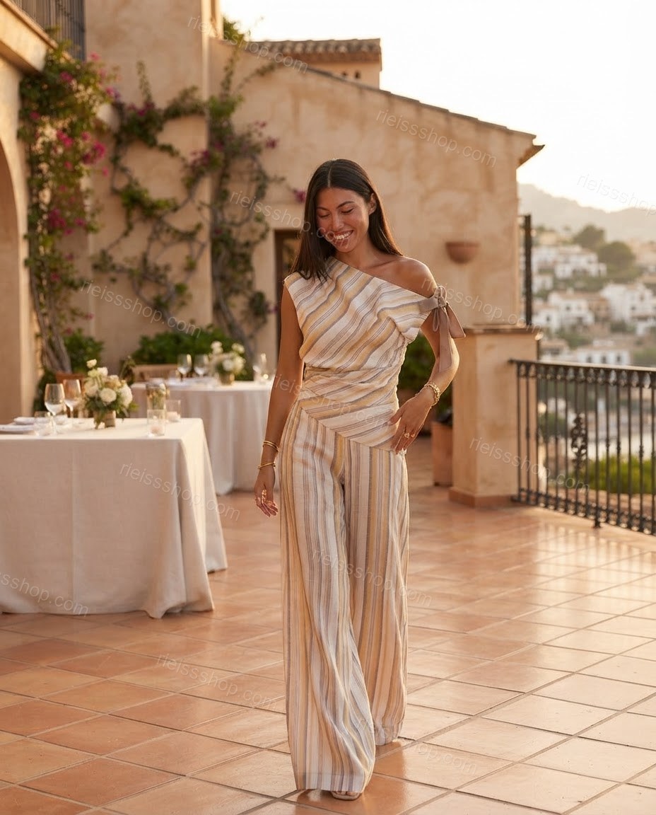 Ivory Glow Office Edit Striped Jumpsuit Ivory Jumpsuit with Asymmetric silhouette and Textured texture, fabric and construction detail for Pre-Fall, a gallery evening, Fall current summer selling first with a light late-summer/pre-fall accent: make it wea by rieissshop