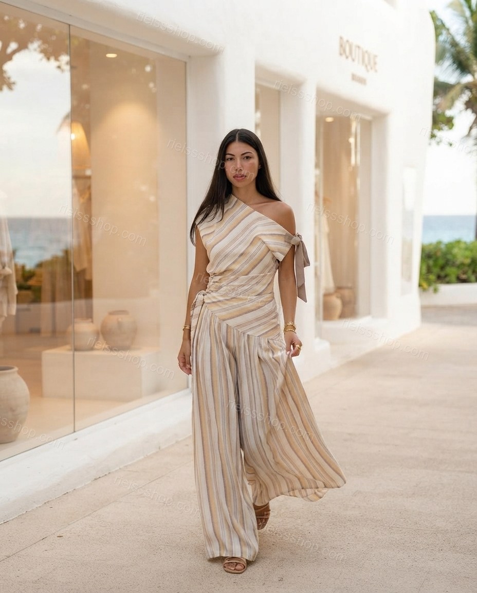 Ivory Glow Office Edit Striped Jumpsuit Ivory Jumpsuit with Asymmetric silhouette and Textured texture, outdoor styling image for Pre-Fall, a gallery evening, Fall current summer selling first with a light late-summer/pre-fall accent: make it wearable now by rieissshop