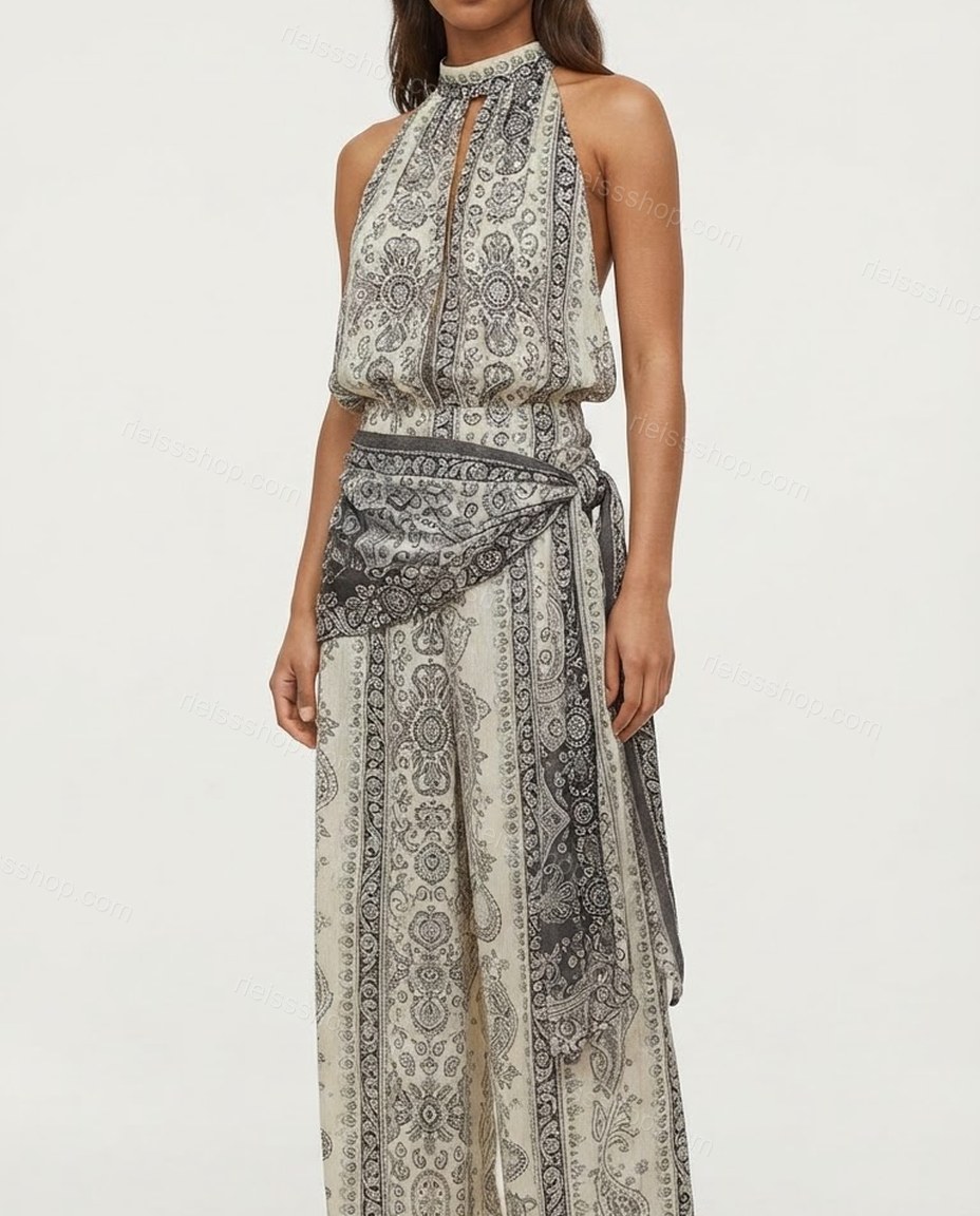 Ivory Whisper Resort Dinner Paisley Jumpsuit Ivory Jumpsuit with Wide-Leg silhouette and Textured texture, additional styling view for Pre-Fall, an office-to-dinner transition, Fall current summer selling first with a light late-summer/pre-fall accent: ma by rieissshop