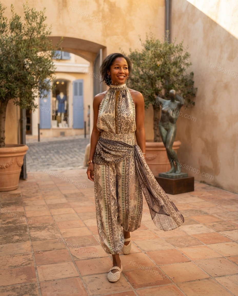 Ivory Whisper Resort Dinner Paisley Jumpsuit Ivory Jumpsuit with Wide-Leg silhouette and Textured texture, fabric and construction detail for Pre-Fall, an office-to-dinner transition, Fall current summer selling first with a light late-summer/pre-fall acc by rieissshop