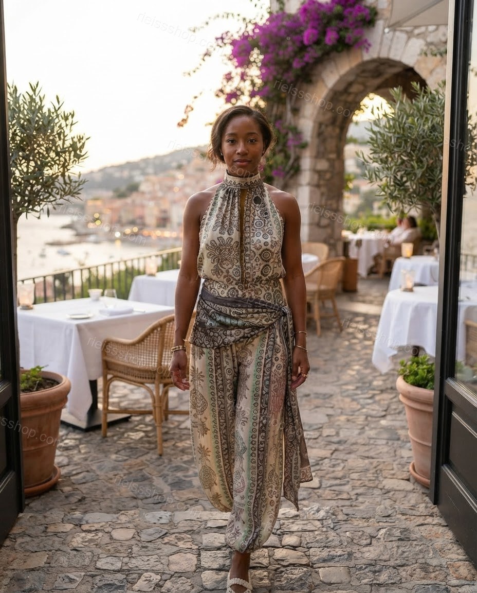 Ivory Whisper Resort Dinner Paisley Jumpsuit Ivory Jumpsuit with Wide-Leg silhouette and Textured texture, lifestyle scene image for Pre-Fall, an office-to-dinner transition, Fall current summer selling first with a light late-summer/pre-fall accent: make by rieissshop