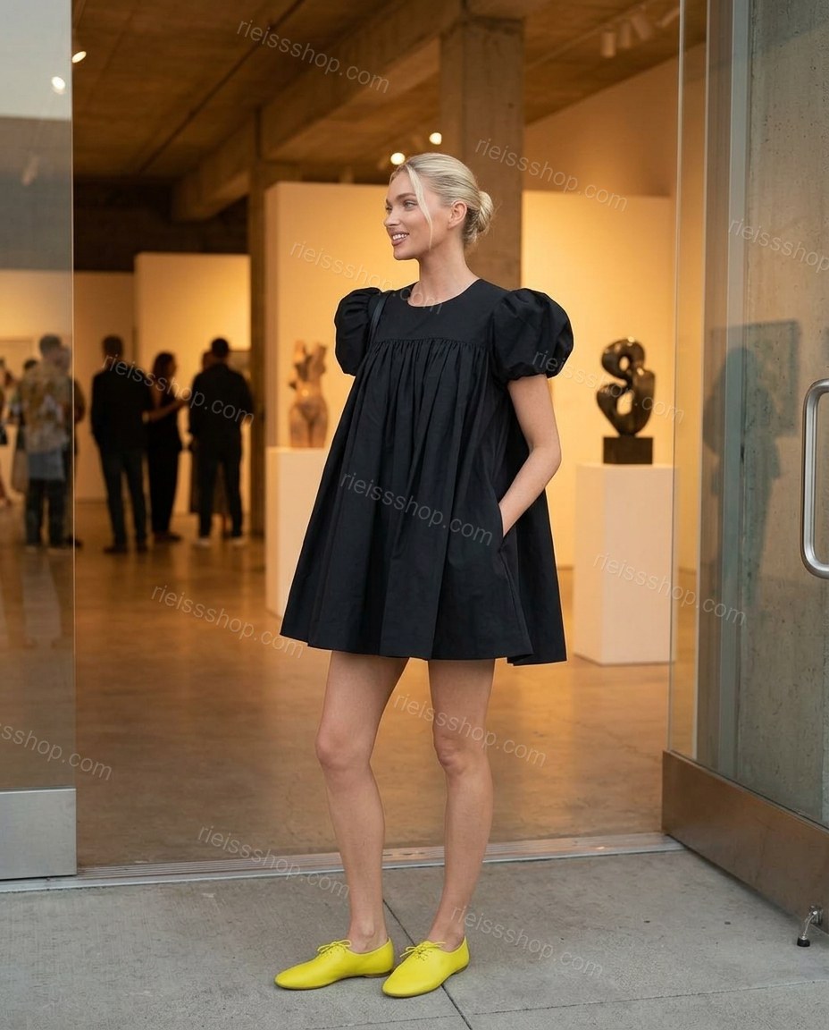 Black Glow City Dinner Mini Dress Black Mini Dress with Relaxed Fit silhouette and Textured texture, lifestyle scene image for Pre-Fall, a fall city dinner, Fall current summer selling first with a light late-summer/pre-fall accent: make it wearable now f by rieissshop