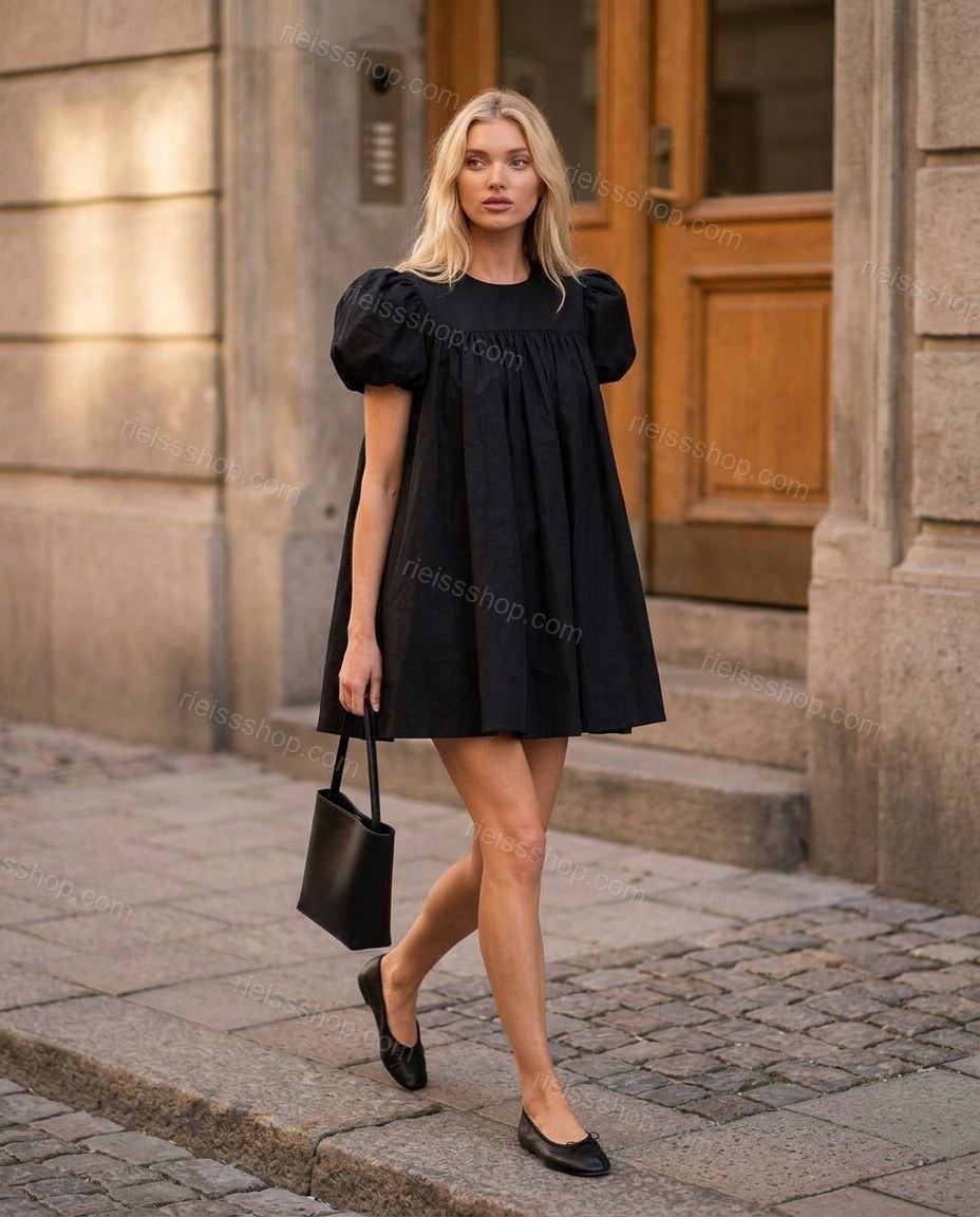 Black Glow City Dinner Mini Dress Black Mini Dress with Relaxed Fit silhouette and Textured texture, editorial ecommerce scene for Pre-Fall, a fall city dinner, Fall current summer selling first with a light late-summer/pre-fall accent: make it wearable n by rieissshop