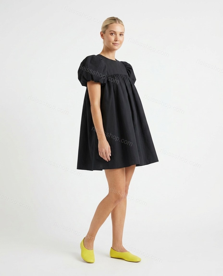 Black Glow City Dinner Mini Dress Black Mini Dress with Relaxed Fit silhouette and Textured texture, clean studio product view for Pre-Fall, a fall city dinner, Fall current summer selling first with a light late-summer/pre-fall accent: make it wearable n by rieissshop