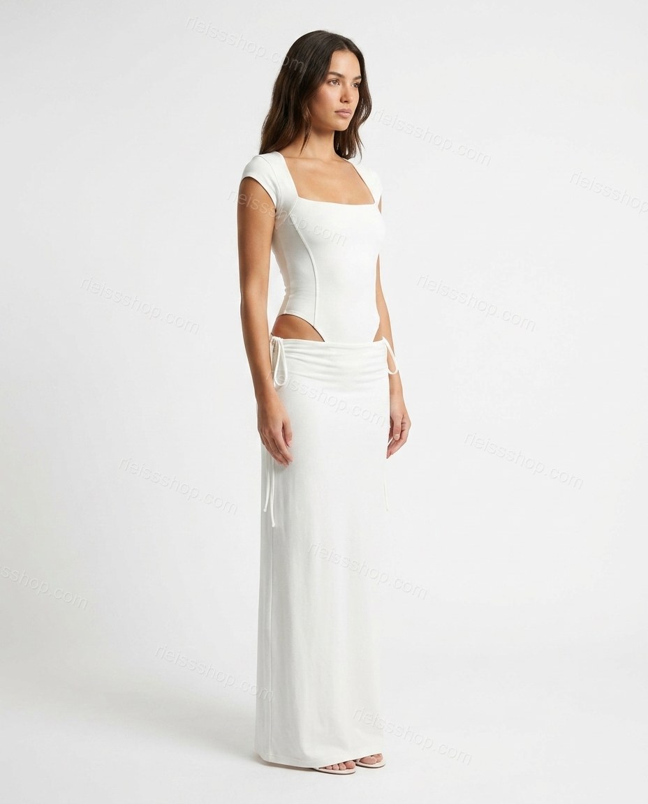 Ivory Muse Resort Dinner Ruched Maxi Dress Ivory Maxi Dress with Structured silhouette and Ribbed Knit texture, side or back garment view for Pre-Fall, a fall city dinner, Fall current summer selling first with a light late-summer/pre-fall accent: make it by rieissshop