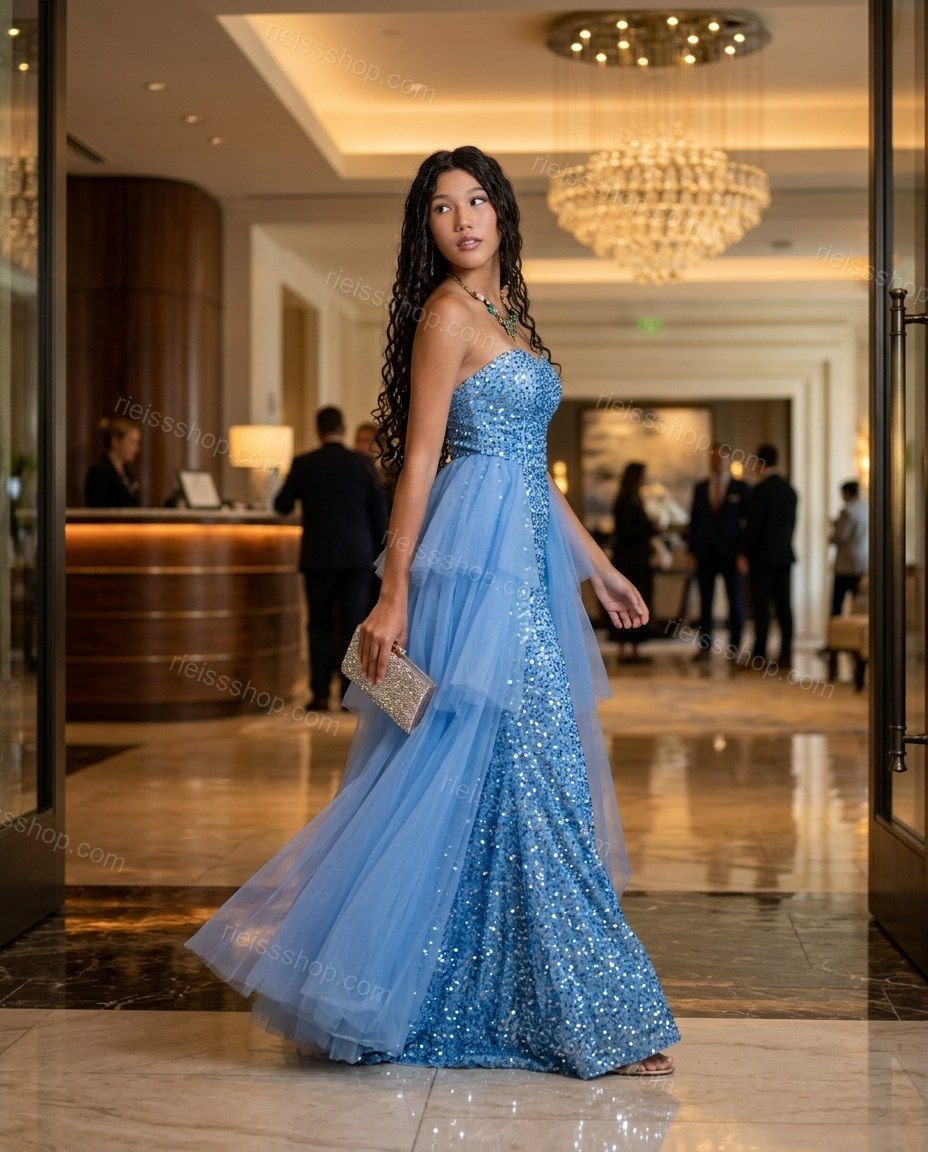 Blue Whisper Date Night Printed Maxi Dress Blue Maxi Dress with Flowing silhouette and Textured texture, editorial ecommerce scene for Pre-Fall, a fall city dinner, Fall current summer selling first with a light late-summer/pre-fall accent: make it wearab by rieissshop