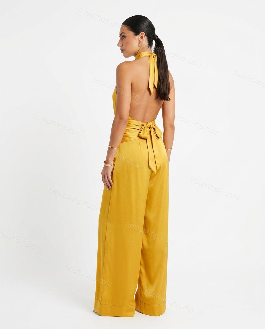 Mustard Yellow Charm Evening Satin Jumpsuit by rieissshop