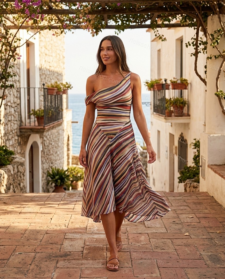 Multi-Color Aura City Layer Striped Midi Dress by rieissshop