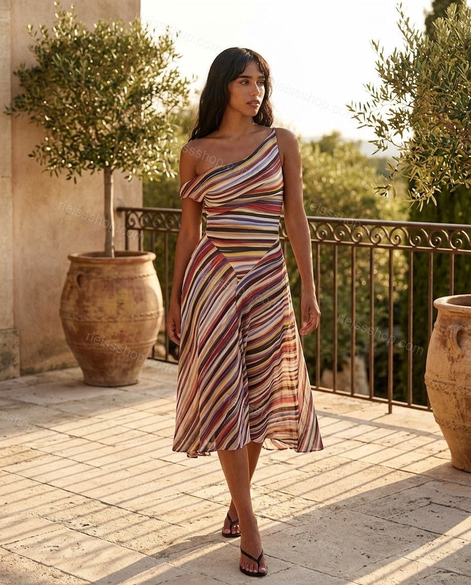 Multi-Color Aura City Layer Striped Midi Dress by rieissshop