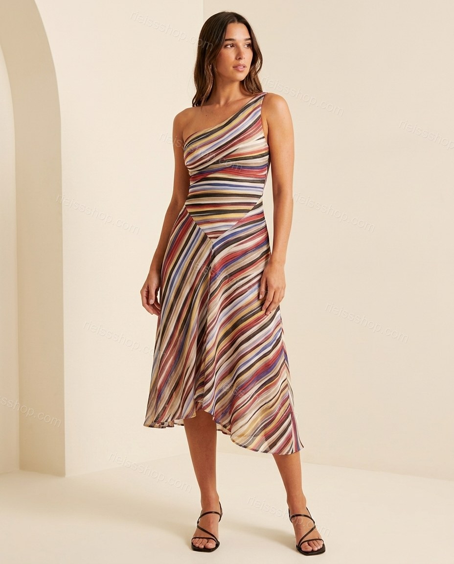 Multi-Color Aura City Layer Striped Midi Dress by rieissshop