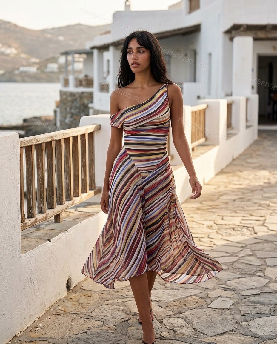 Multi-Color Aura City Layer Striped Midi Dress by rieissshop