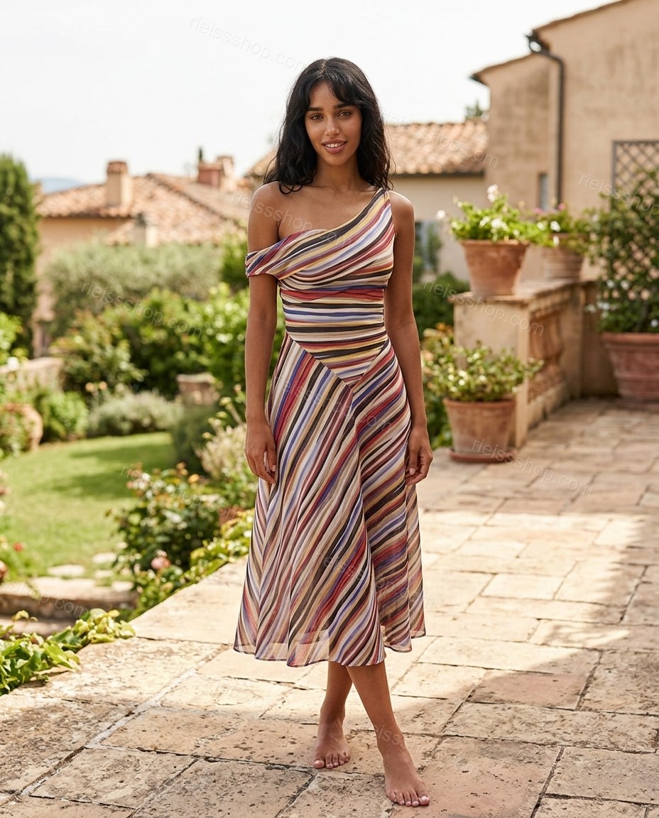 Multi-Color Aura City Layer Striped Midi Dress by rieissshop