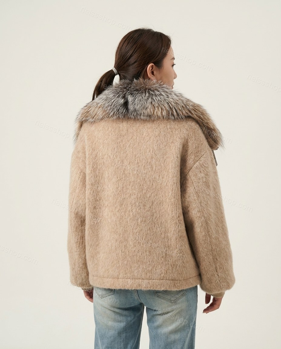["Light Gray", "Beige"] Polished Fur-Trim Jacket by rieissshop