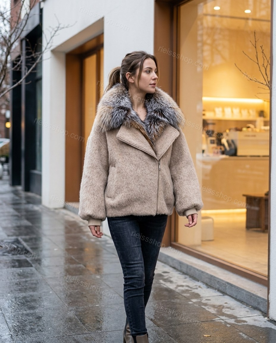 ["Light Gray", "Beige"] Polished Fur-Trim Jacket by rieissshop