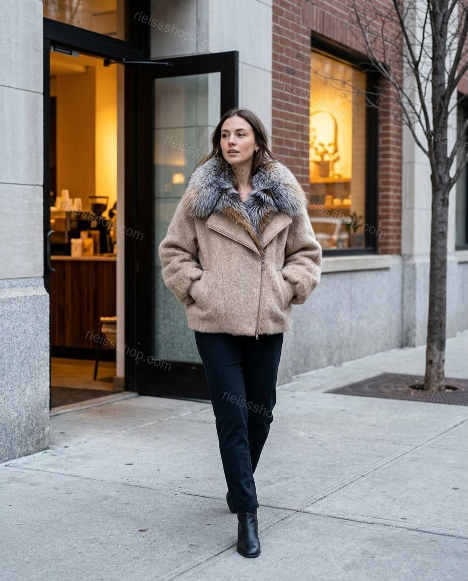 ["Light Gray", "Beige"] Polished Fur-Trim Jacket by rieissshop