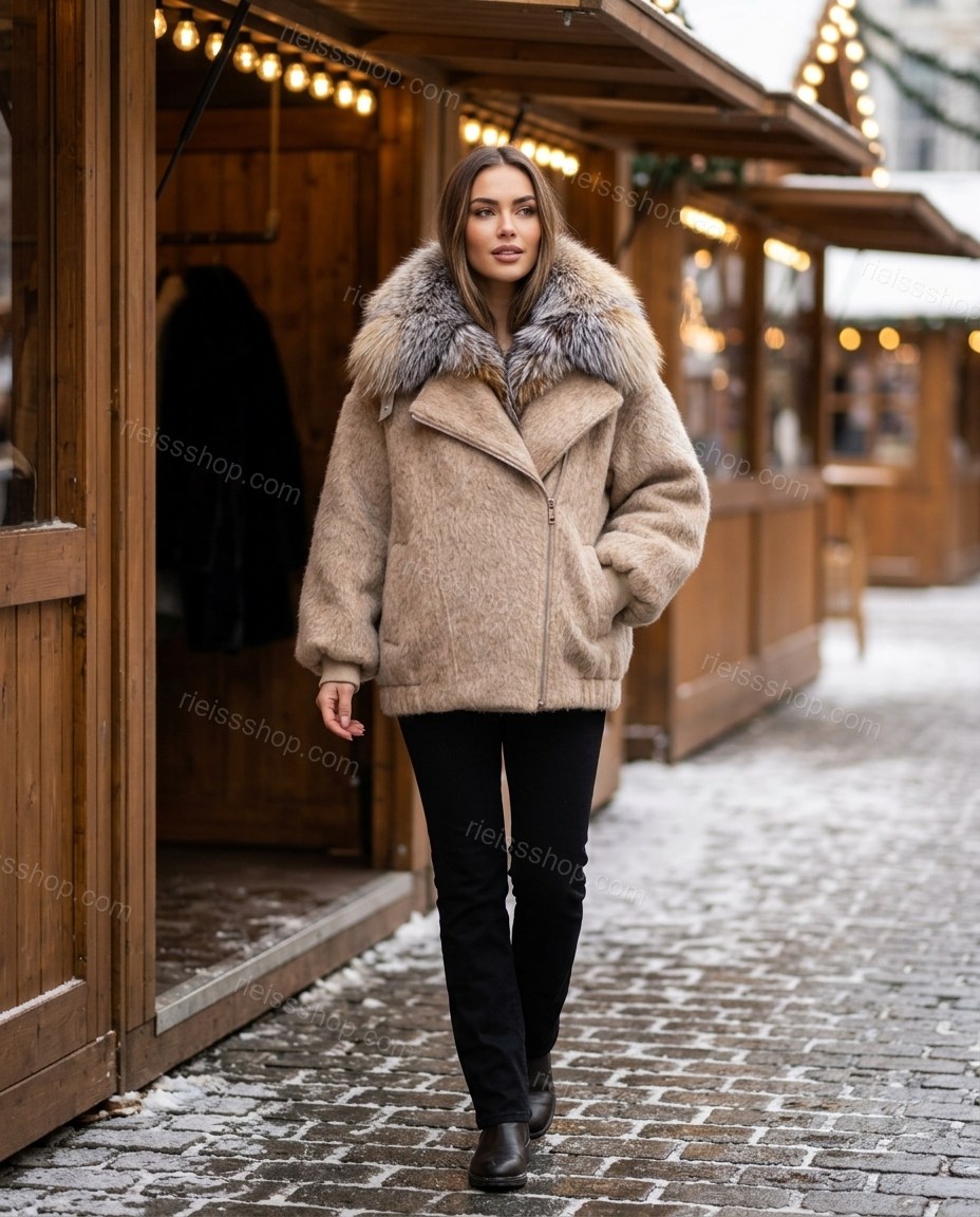 ["Light Gray", "Beige"] Polished Fur-Trim Jacket by rieissshop