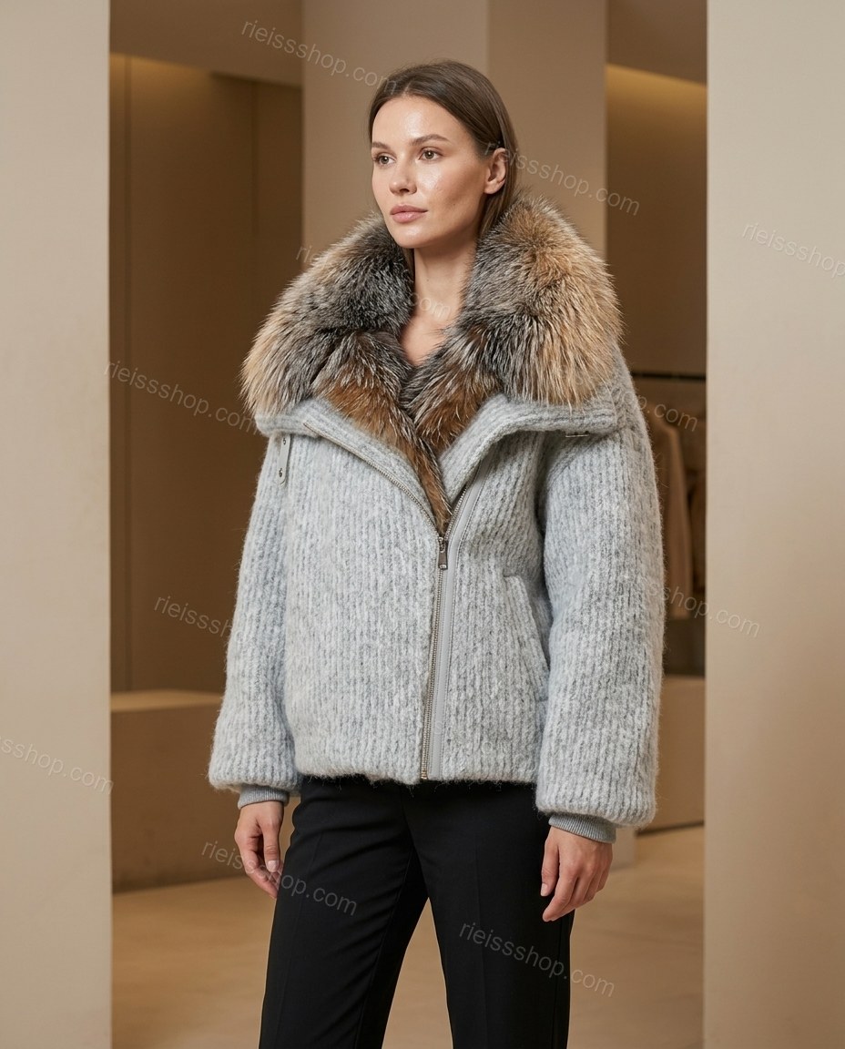 ["Light Gray", "Beige"] Polished Fur-Trim Jacket by rieissshop