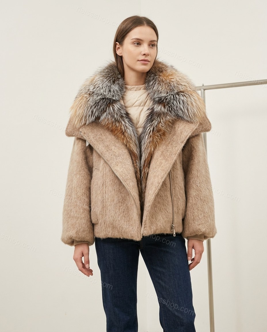 ["Light Gray", "Beige"] Polished Fur-Trim Jacket by rieissshop