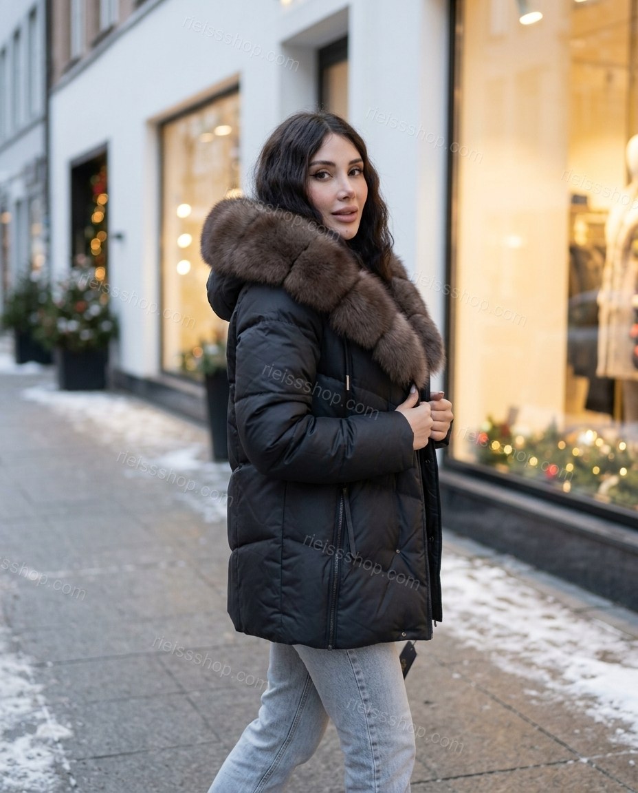 Black Polished Fur-Trim Puffer Coat by rieissshop