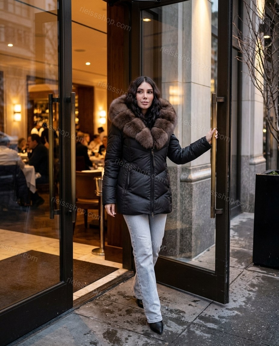 Black Polished Fur-Trim Puffer Coat by rieissshop