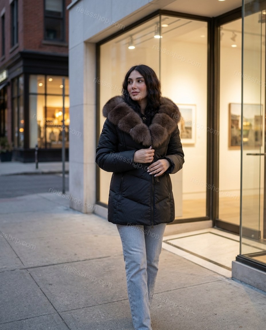 Black Polished Fur-Trim Puffer Coat by rieissshop