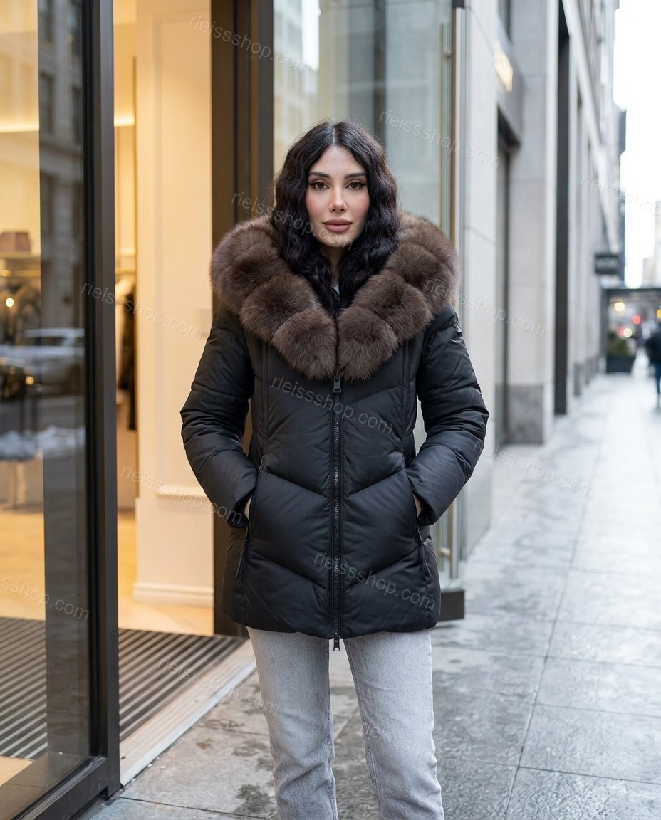 Black Polished Fur-Trim Puffer Coat by rieissshop